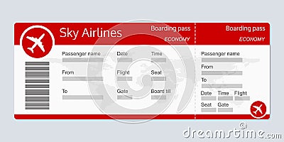 Plane ticket template. Airplane flight ticket realistic blank. Boarding pass. Vector illustration. Vector Illustration